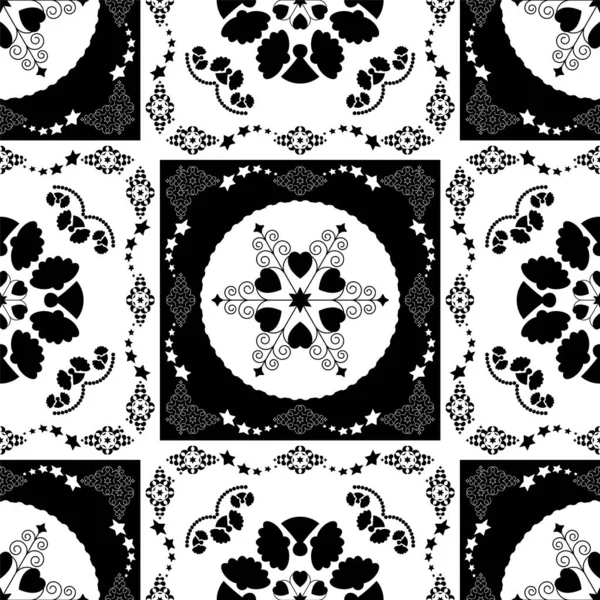 Seamless Pattern Christmas Theme Pretty Mandalas Angels Hearts Black White — стоковый вектор
