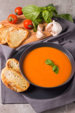 Fesleğenli domates çorbası. Sağlıklı, vejetaryen ve diyet öğle ve akşam yemeği konsepti. Gazpacho.. 