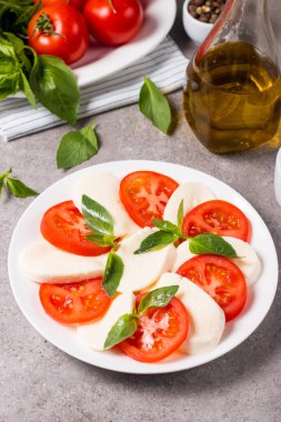 Caprese salatası olgun domates, fesleğen, buffalo mozzarella peyniri ile yakın çekim fotoğraf. İtalyan ve Akdeniz gıda kavramı. Taze ve sağlıklı organik yemek. Starter ve antipasti. 