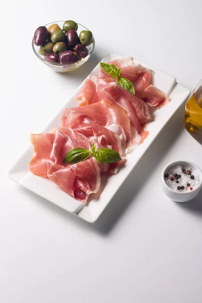 Vékony Prosciutto Szeletek Közelsége Olasz Élelmiszer — Stock Fotó
