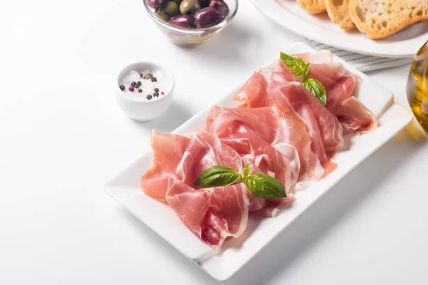 Closeup Fatias Finas Prosciutto Comida Italiana — Fotografia de Stock