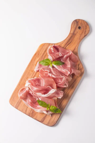 Vékony Prosciutto Szeletek Közelsége Olasz Élelmiszer — Stock Fotó