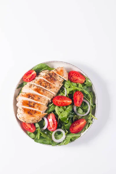 Salad Grilled Chicken Fillet Meat Fresh Vegetables Spinach Ruccola Red —  Fotos de Stock