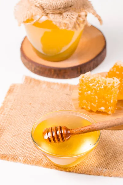 Honey Dripping Wooden Honey Dipper White Background Healthy Organic Food — Stockfoto