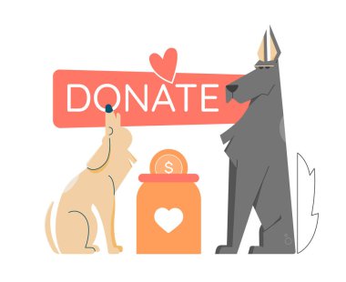 İki köpek bağış kavanozunun yanında oturuyor. Köpek barınağına, evsiz hayvanlara, gönüllülere yardım. 