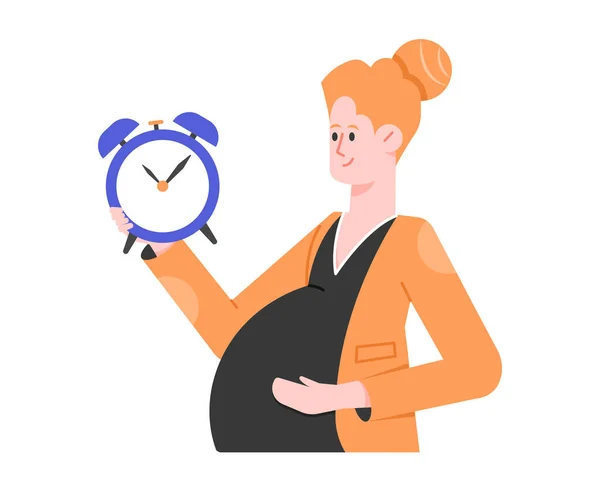 Gravid kvinna med mage håller en väckarklocka i händerna. — Stock vektor