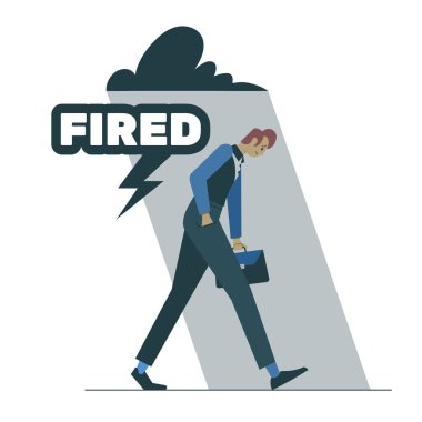 Sad man in a business suit with a briefcase walks under the shadow of a cloud