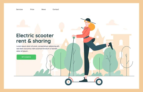 Cute female character in a hat rides a scooter down the street. — Stockový vektor