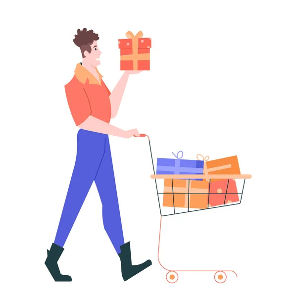 Ein gutaussehender Mann geht mit einem Einkaufswagen voller Geschenke. — Stockvektor