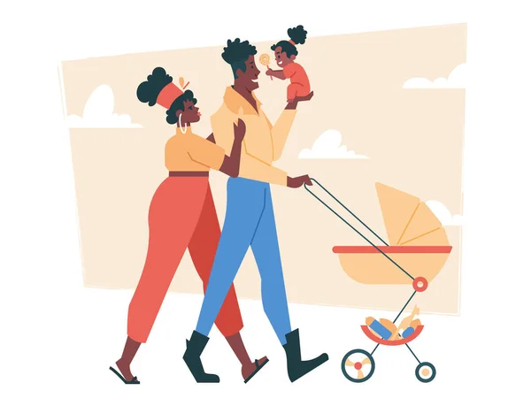Família bonito caminha com um carrinho de bebê. Pai segura uma pequena filha em seus braços, mãe abraços marido. — Vetor de Stock