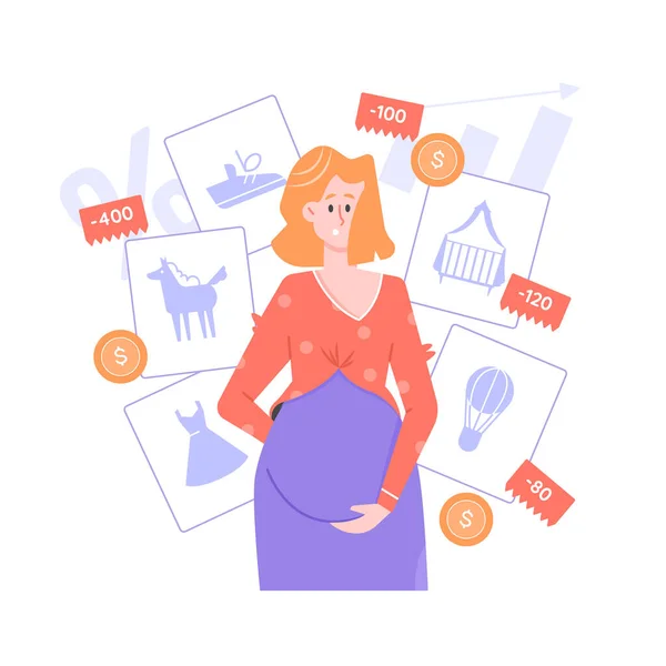 Pregnant woman surrounded by childrens goods and price tags. — Stock Vector