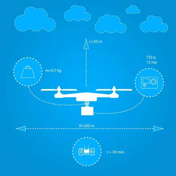 Ilustración plana de las características técnicas del quadrocopter — Vector de stock