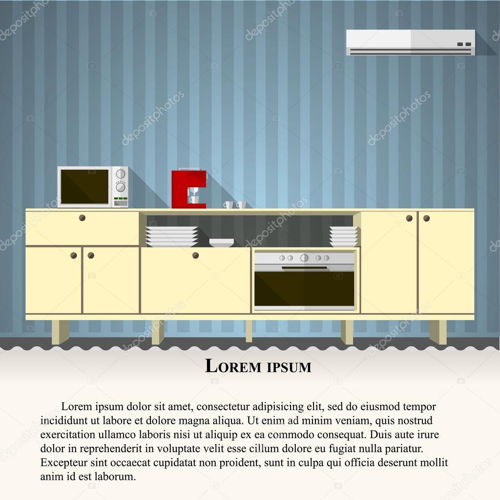 Flat vector illustration of kitchen with blue wall