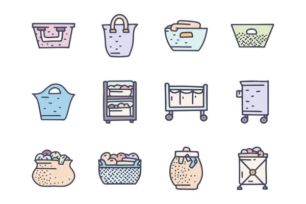 Lavandaria cestas cor vetor doodle ícone simples conjunto — Vetor de Stock