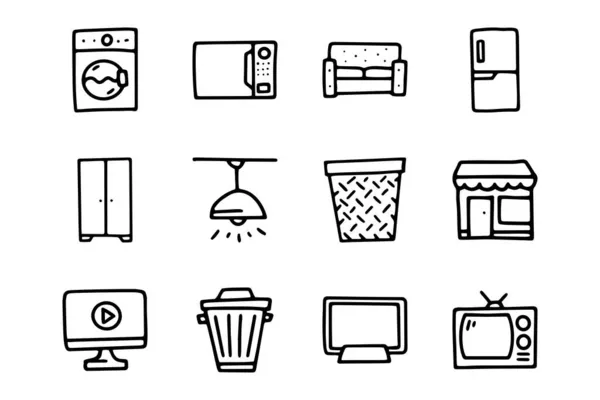 Household line vector doodle simple icon set — Stock Vector