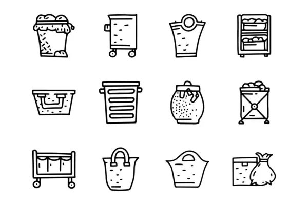 Lavanderia cestino linea vettore doodle semplice icona set — Vettoriale Stock