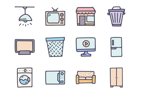 Haushaltsfarbvektor-Doodle einfaches Icon-Set — Stockvektor