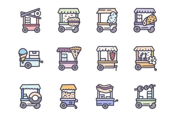 Street Food Trade Warenkorb Farbvektor Doodle einfaches Symbol-Set — Stockvektor