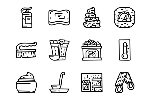 Sauna accessoires lijn vector doodle eenvoudige pictogram set — Stockvector