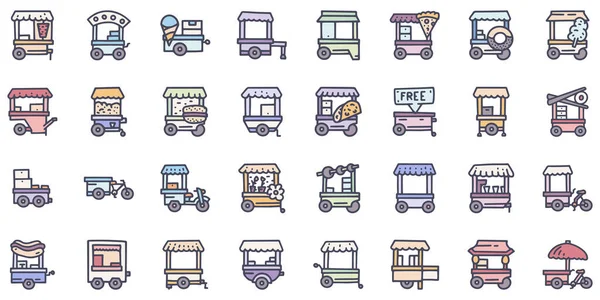 Street trade carts color vector doodle simple icon set — Stock Vector