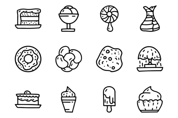 Desserts lijn vector doodle eenvoudige pictogram set — Stockvector