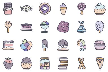 Tatlı yiyecek renk vektörü karalaması basit simge seti