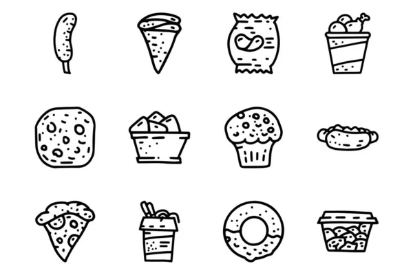 Snacks linha vetor doodle conjunto de ícones simples — Vetor de Stock