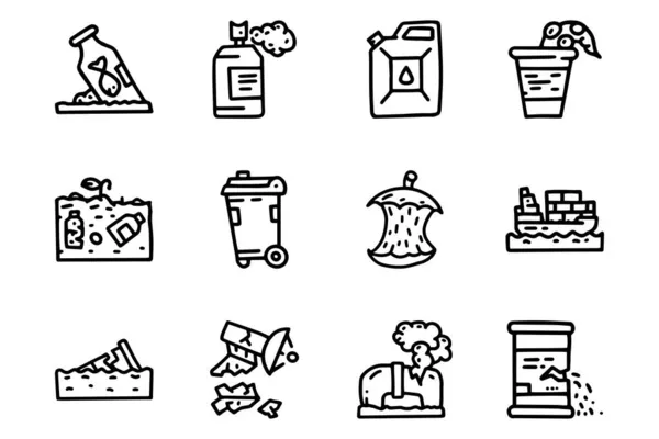 Linea di inquinamento vettore doodle semplice icona impostata — Vettoriale Stock