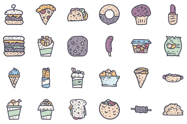 Set di icone semplici doodle vettoriali a colori fast food — Vettoriale Stock