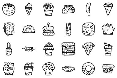 Fast food çizgisi vektör karalaması basit simge kümesi