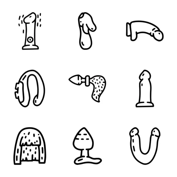 Sex toys line vector doodle simple icon set — Stock Vector