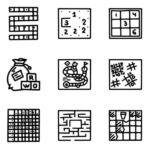 Brettspiele Line Vector Doodle einfaches Icon Set — Stockvektor