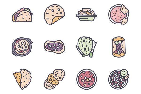 Mexicano vetor de cor de alimentos doodle conjunto de ícones simples — Vetor de Stock
