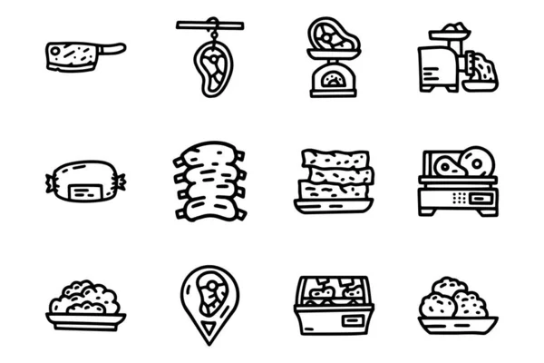 Slagerij lijn vector doodle eenvoudige pictogram set — Stockvector