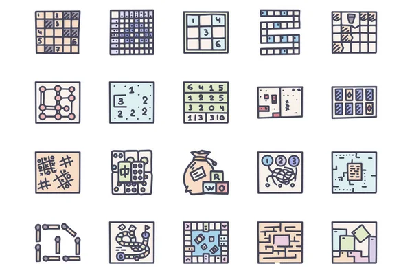 Jogos de tabuleiro de lazer colorido vetor doodle conjunto de ícones simples — Vetor de Stock