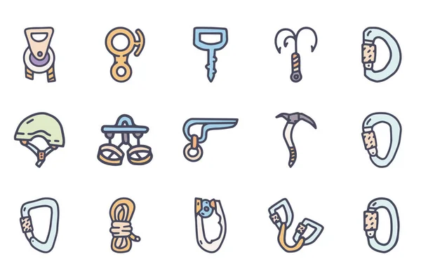 Climbing equipment color vector doodle simple icon set — Stock Vector