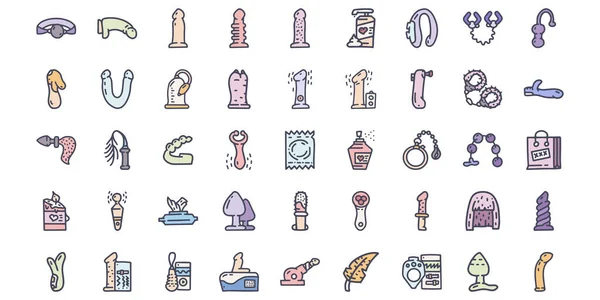 Sex toys and accessories color vector doodle simple icon set Stock Illustration