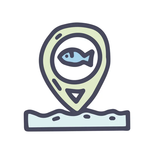 Fish location pin color vector doodle simple icon — Vettoriale Stock