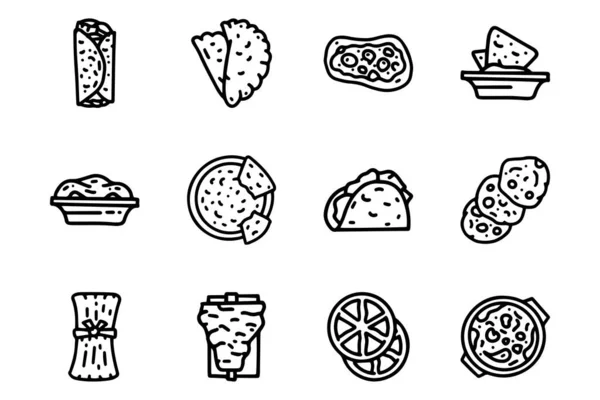 Meksiko baris makanan vektor corat-coret ikon sederhana ditetapkan Stok Vektor Bebas Royalti