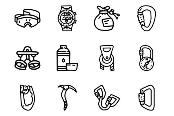 Arrampicata accessori linea vettore doodle semplice icona set — Vettoriale Stock