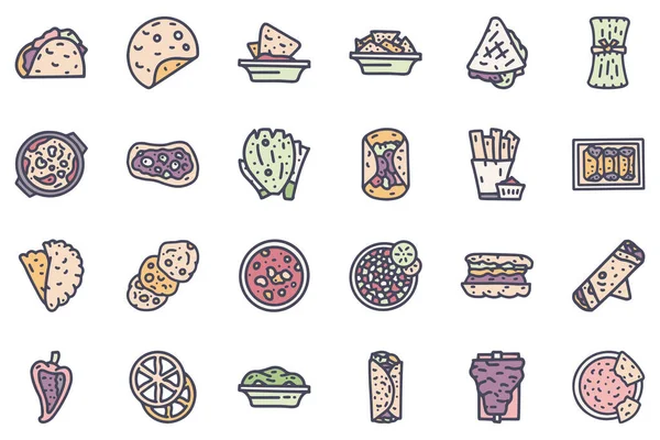 Mexikanische Lebensmittel Farbe Vektor Doodle einfache Symbol-Set — Stockvektor
