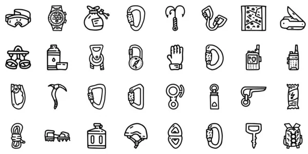 Montanhismo linha de equipamentos vetor doodle conjunto de ícones simples — Vetor de Stock