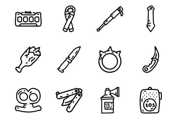 Self defense line vector doodle simple icon set — 스톡 벡터