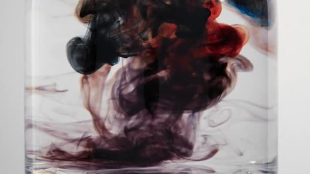 Dark red and blue liquid expands and swirls through water in glass jar — Stockvideo