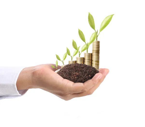 Empresario sosteniendo planta brotando de un puñado de monedas — Foto de Stock