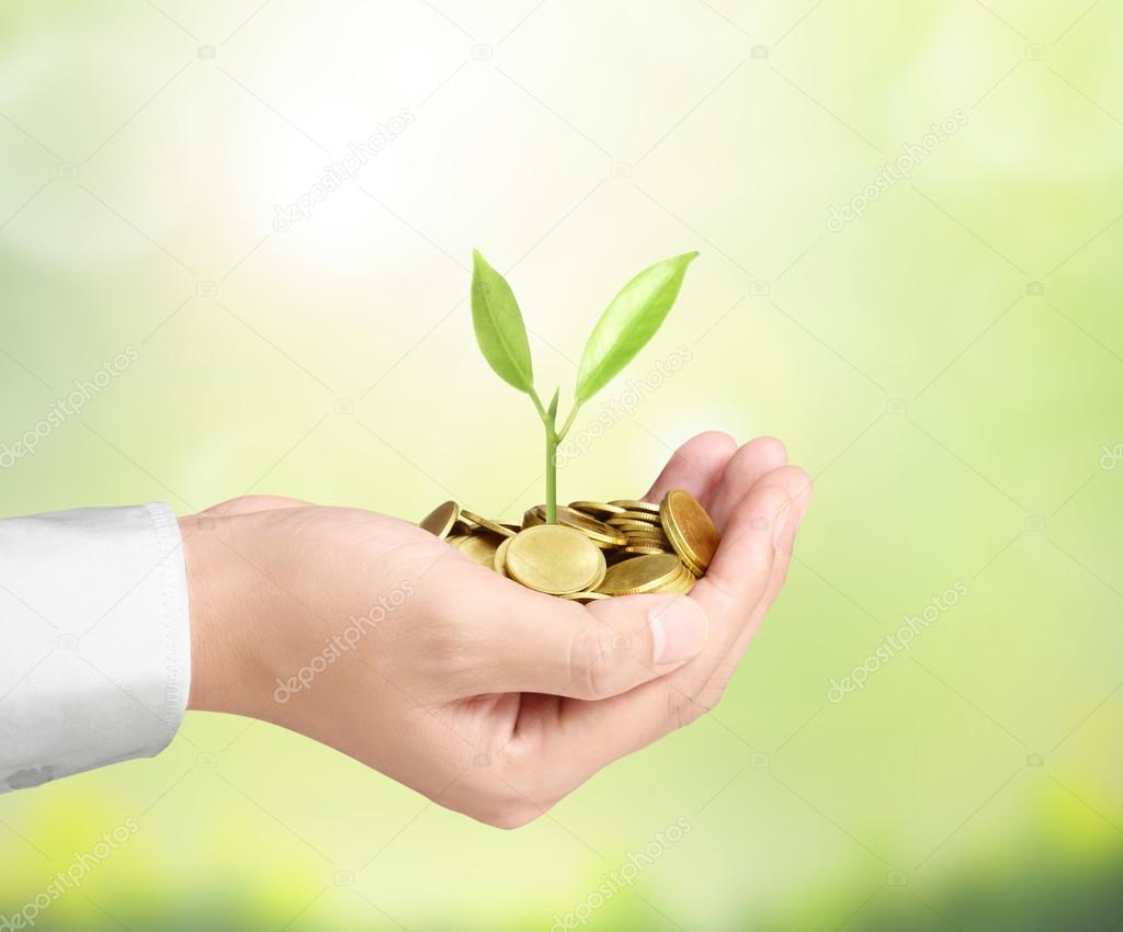 Businessman holding plant sprouting from handful of coins