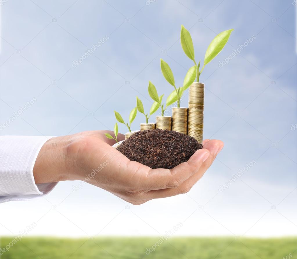 Businessman holding plant sprouting from handful of coins