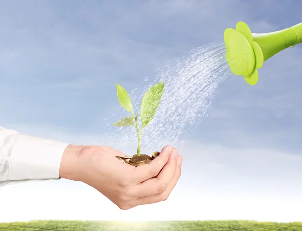 Watering can pouring molten gold gold coins — Stock Photo, Image