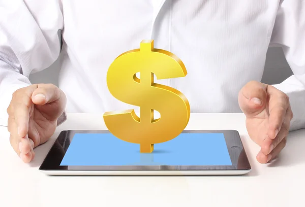 Holding tablet with Golden dollar — Stock Photo, Image