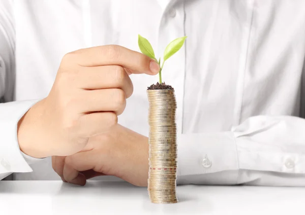 Planta de exploração de empresário brotando — Fotografia de Stock